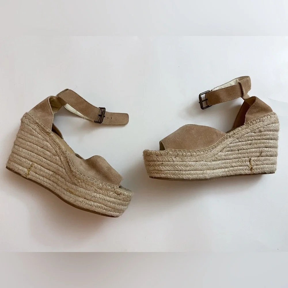 New Soludos Suede Beige Espadrille Wedge Sandals Boho Resortwear Vacation